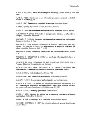 Bibliografía



HUBER, J. (Ed.) (1991): Macro-micro linkages in Sociology, London, Newbury Park,        480
Sage.

HUNT, E. (1980): “Intelligence as an information-processing concept”, en British
Journal of Psychology, 71.

HUNT, T. (1997): Desarrolla tu capacidad de aprender, Barcelona, Urano.

HUNTER, I. (1998): Repensar la escuela, Barcelona, Pomares.

HUSEN, T. (1988): Paradigmas de la investigación en educación, Madrid, Narcea.

HUTMACHER, W. (2003): “Definición de competencias básicas. La situación en
Europa”. Conferencia. Barcelona.

IMBERNON, F. (1996): La formación y el desarrollo profesional del profesorado.
Barcelona: Biblioteca de Aula.

IMBERNON, F. (1999) “Amplitud y profundidad de la mirada. La educación ayer, hoy y
mañana”. En Imbernón, F (coord.). La educación en el siglo XXI. Los retos del
futuro inmediato. Barcelona: Graó. P. 63- 80

INHELDER, B. (1996): Aprendizaje y estructuras del conocimiento, Madrid, Morata,
2ª ed.

INHELDER, B. y CELLERIER, G. (1996): Los senderos del descubrimiento en el
niño, Barcelona, Paidós.

INSTITUTO DE LOS HERMANOS DE LAS ESCUELAS CRISTIANAS (2001):
Proyecto Educativo Evangelizador, s/e, Santiago.

INSTITUTO NACIONAL PARA LA EVALUACIÓN DE LA EDUCACIÓN (2005): PISA
para docentes – La evaluación como oportunidad de aprendizaje, México

JAIM, G. (1999): La tradegia educativa, México, FCE.

JARA, O. (1994): Para sistematizar experiencias, Editorial Alforja, México

JARAUTA, F. (1997): Escenarios de la globalización, Murcia, Cajamurcia.

JENSEN, A. R. (1998): “The g factor and the design of education”, en Sternberg, R. J.
(Ed.): Intelligence, instruction and assessment: Theory into practice, Mahwah,
N.J. Lawrence Erlbaum Associates, Inc. Publishers, pp. 111-131.

JENSEN, E. (2004): Cerebro y aprendizaje, Madrid, Narcea.

JERICÓ, P. (2001): Gestión del talento: del professional con talento al talento
organizativo, Madrid, Díaz de Santos.

JIMÉNEZ, R. (2003): Sociología de la Educación, Editorial Trillas, México.

JOHANSEN BERTOGLIO, O. (1997): Introducción a la teoría general de sistemas,
Limusa, México.
 