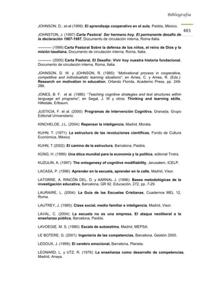 Bibliografía


JOHNSON, D., et-al (1999): El aprendizaje cooperativo en el aula, Paidós, México.
                                                                                         481
JOHNSTON, J. (1997) Carta Pastoral Ser hermano hoy. El permanente desafío de
la declaración 1967-1997, Documento de circulación interna, Roma Italia.

----------- (1999) Carta Pastoral Sobre la defensa de los niños, el reino de Dios y la
misión lasaliana, Documento de circulación interna, Roma, Italia.

----------- (2000) Carta Pastoral, El Desafío: Vivir hoy nuestra historia fundacional,
Documento de circulación interna, Roma, Italia.

JOHNSON, D. W. y JOHNSON, R. (1985): “Motivational process in cooperative,
competitive and individualistic learning situations”, en Ames, C. y Ames, R. (Eds.):
Research on motivation in education, Orlando Florida, Academic Press, pp. 249-
286.

JONES, B. F. et al. (1986): “Teaching cognitive strategies and text structures within
language art programs”, en Segal, J. W y otros: Thinking and learning skills,
Hillsdale, Erlbaum.

JUSTICIA, F. et al. (2000): Programas de Intervención Cognitiva, Granada, Grupo
Editorial Universitario.

KINCHELOE, J.L. (2004): Repensar la inteligencia, Madrid, Morata.

KUHN, T. (1971): La estructura de las revoluciones científicas, Fondo de Cultura
Económica, México

KUHN, T (2002): El camino de la estructura, Barcelona, Paidós.

KÜNG, H. (1999): Una ética mundial para la economía y la política, editorial Trotra.

KUZULIN, A. (1997): The ontogenesy of cognitive modifiability, Jerusalem, ICELP.

LACASA, P. (1996): Aprender en la escuela, aprender en la calle, Madrid, Visor.

LATORRE, A. RINCÓN DEL, D. y AARNAL J. (1996): Bases metodológicas de la
investigación educativa, Barcelona, GR 92. Educación, 272, pp. 7-29.

LAURAIRE, L. (2004): La Guía de las Escuelas Cristianas, Cuadernos MEL 12,
Roma.

LAUTREY, J. (1985): Clase social, medio familiar e inteligencia, Madrid, Visor.

LAVAL, C. (2004): La escuela no es una empresa. El ataque neoliberal a la
enseñanza pública, Barcelona, Paidós.

LAVOEGIE, M. S. (1980): Escala de autoestima, Madrid, MEPSA.

LE BOTERE, G. (2001): Ingeniería de las competencias, Barcelona, Gestión 2000.

LEDOUX, J. (1999): El cerebro emocional, Barcelona, Planeta.

LEONARD, L. y UTZ, R. (1979): La enseñanza como desarrollo de competencias,
Madrid, Anaya.
 