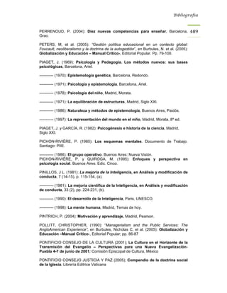 Bibliografía



PERRENOUD, P. (2004): Diez nuevas competencias para enseñar, Barcelona,                     489
Grao.

PETERS, M, et al. (2005): “Gestión política educacional en un contexto global:
Foucault, neoliberalismo y la doctrina de la autogestión”, en Burbules, N. et al. (2005):
Globalización y Educación – Manual Crítico-, Editorial Popular. Pp. 79-100.

PIAGET, J. (1969): Psicología y Pedagogía. Los métodos nuevos: sus bases
psicológicas, Barcelona, Ariel.

----------- (1970): Epistemología genética, Barcelona, Redondo.

----------- (1971): Psicología y epistemología, Barcelona, Ariel.

----------- (1978): Psicología del niño, Madrid, Morata.

----------- (1971): La equilibración de estructuras, Madrid, Siglo XXI.

----------- (1986): Naturaleza y métodos de epistemología, Buenos Aires, Paidós.

----------- (1997): La representación del mundo en el niño, Madrid, Morata, 8ª ed.

PIAGET, J. y GARCÍA, R. (1982): Psicogénesis e historia de la ciencia, Madrid,
Siglo XXI.

PICHON-RIVIÈRE, P. (1985): Los esquemas mentales. Documento de Trabajo.
Santiago: PIIE.

----------- (1986): El grupo operativo. Buenos Aires: Nueva Visión.
PICHON-RIVIÈRE, P. y QUIROGA, M. (1995): Enfoques y perspectiva en
psicología social. Buenos Aires: Edic. Cinco.

PINILLOS, J L. (1981): La mejoría de la Inteligencia, en Análisis y modificación de
conducta, 7 (14-15), p. 115-154, (a).

----------- (1981): La mejoría científica de la Inteligencia, en Análisis y modificación
de conducta, 33 (2), pp. 224-231, (b).

----------- (1990): El desarrollo de la Inteligencia, Paris, UNESCO.

----------- (1998): La mente humana, Madrid, Temas de hoy.

PINTRICH, P. (2004): Motivación y aprendizaje, Madrid, Pearson.

POLLITT, CHRISTOPHER, (1990): “Managerialism and the Public Services: The
AngloAmerican Experience”, en Burbules, Nicholas C, et al. (2005): Globalización y
Educación –Manual Crítico-, Editorial Popular; pp. 86-87

PONTIFICIO CONSEJO DE LA CULTURA (2001); La Cultura en el Horizonte de la
Transmisión del Evangelio – Perspectivas para una Nueva Evangelización-
Puebla 4-7 de junio de 2001; Comisión Episcopal de Cultura, México

PONTIFICIO CONSEJO JUSTICIA Y PAZ (2005); Compendio de la doctrina social
de la Iglesia; Librería Editrice Vaticana
 