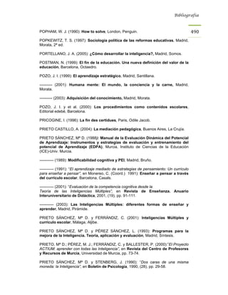 Bibliografía



POPHAM, W. J. (1990): How to solve, London, Penguin.                                      490
POPKEWITZ, T. S. (1997): Sociología política de las reformas educativas, Madrid,
Morata, 2ª ed.

PORTELLANO, J. A. (2005): ¿Cómo desarrollar la inteligencia?, Madrid, Somos.

POSTMAN, N. (1999): El fin de la educación. Una nueva definición del valor de la
educación, Barcelona, Octaedro.

POZO, J. I. (1999): El aprendizaje estratégico, Madrid, Santillana.

---------- (2001): Humana mente: El mundo, la conciencia y la carne, Madrid,
Morata.

---------- (2003): Adquisición del conocimiento, Madrid, Morata.

POZO, J. I. y et al. (2000): Los procedimientos como contenidos escolares,
Editorial edebé, Barcelona.

PRICOGINE, I. (1996): La fin des certidues, Paris, Odile Jacob.

PRIETO CASTILLO, A. (2004): La mediación pedagógica, Buenos Aires, La Crujía.

PRIETO SÁNCHEZ, Mª D. (1988): Manual de la Evaluación Dinámica del Potencial
de Aprendizaje: Instrumentos y estrategias de evaluación y entrenamiento del
potencial de Aprendizaje (EDPA), Murcia, Instituto de Ciencias de la Educación
(ICE)-Univ. Murcia.

----------- (1989): Modificabilidad cognitiva y PEI, Madrid, Bruño.

----------- (1991): “El aprendizaje mediado de estrategias de pensamiento: Un currículo
para enseñar a pensar”, en Monereo, C. (Coord.) 1991): Enseñar a pensar a través
del currículo escolar, Barcelona, Casals.

----------- (2001): “Evaluación de la competencia cognitiva desde la
Teoría de las Inteligencias Múltiples”, en Revista de Enseñanza. Anuario
Interuniversitario de Didáctica, 2001, (19), pp. 91-111.

----------- (2003): Las Inteligencias Múltiples: diferentes formas de enseñar y
aprender, Madrid, Pirámide.

PRIETO SÁNCHEZ, Mª D. y FERRÁNDIZ, C. (2001): Inteligencias Múltiples y
currículo escolar, Málaga, Aljibe.

PRIETO SÁNCHEZ, Mª D. y PÉREZ SÁNCHEZ, L. (1993): Programas para la
mejora de la Inteligencia. Teoría, aplicación y evaluación, Madrid, Síntesis.

PRIETO, Mª D.; PÉREZ, M. J.; FERRÁNDIZ, C. y BALLESTER, P. (2000):”El Proyecto
ACTIUM: aprender con todas las Inteligencia”, en Revista del Centro de Profesores
y Recursos de Murcia, Universidad de Murcia, pp. 73-74.

PRIETO SÁNCHEZ, Mª D. y STENBERG, J. (1990): “Dos caras de una misma
moneda: la Inteligencia”, en Boletín de Psicología, 1990, (28), pp. 29-58.
 
