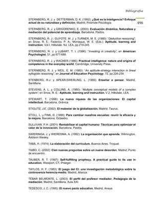 Bibliografía


STERNBERG, R. J. y DETTERMAN, D. K. (1992): ¿Qué es la Inteligencia? Enfoque
actual de su naturaleza y definición, Madrid, Pirámide Psicología.                   496
STERNBERG, R. J. y GRIGORENKO, E. (2003): Evaluación dinámica. Naturaleza y
mediación del potencial de aprendizaje, Barcelona, Paidós.

STERNBERG, R. J.; GUYOTE, M. J. y TURNER, M. E. (1980): “Deductive reasoning”,
en Snow, R. E.; Federico, P. A.; Montague, W. E. (Eds.): Aptitude, learning and
instruction, Vol.I, Hillsdale, NJ. LEA, pp.219-245.

STERNBERG, R. J. y LUBART, T. I. (1996): ”Investing in creativity”, en American
Psychologist, 51, pp.677-688.

STERNBERG, R. J. y WAGNER (1986): Practical intelligence: nature and origins of
competence in the everyday world, Cambridge, University Press.

STERNBERG, R. J. y WEIL, E. M. (1980): “An aptitude-strategy interaction in lineal
syllogistic reasoning”, en Journal of Education Psychology, 72, pp.226-234.

STENBERG, R.J. y APEAR-SWERLING, L. (1999): Enseñar a pensar, Madrid,
Santillana.

STEVENS, A. L. y COLLINS, A. (1980): “Multiple conceptual models of a complex
system”, en Snow, R. E.: Aptitude, learning and instruction, V.2, Hillsdale, LEA.

STEWART, T. (1998): La nueva riqueza de las organizaciones: El capital
intellectual, Barcelona, Gránica.

STIGLITZ, J.E. (2002): El malestar de la globalización, Madrid, Taurus.

STOLL, L. y FINK, D. (1999): Para cambiar nuestras escuelas: reunir la eficacia y
la mejora, Barcelona, Octaedro.

SULLIVAN, P.H. (2001): Rentabilizar el capital humano: Técnicas para optimizar el
valor de la innovación, Barcelona, Paidós.

SWIERINGA, J. y WIERDSMA, A. (1992): La organización que aprende, Wilmington,
Addison Wesley.

TABA, H. (1974): La elaboración del currículum, Buenos Aires, Troquel.

TAIBO, C. (2002): Cien nuevas preguntas sobre un nueve desorden, Madrid, Punto
de encuentro..

TAUBER, R. T. (1997): Self-fulfilling prophecy. A practical guide to its use in
education, Westport, CT, Praeger.

TAYLOS, H. F. (1983): El juego del CI: una investigación metodológica sobre la
controversia herencia-medio, Madrid, Alianza.

TÉBAR BELMONTE, L. (2003): El perfil del profesor mediador. Pedagogía de la
mediación, Madrid, Santillana, Aula XXI.

TEDESCO, J. C. (1995): El nuevo pacto educativo, Madrid, Anaya.
 