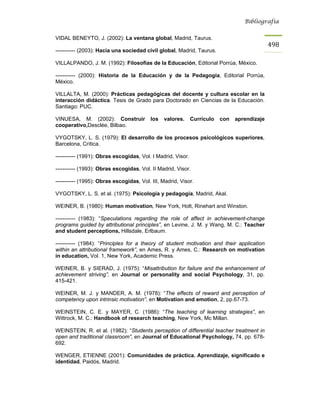 Bibliografía


VIDAL BENEYTO, J. (2002): La ventana global, Madrid, Taurus.
                                                                                             498
----------- (2003): Hacia una sociedad civil global, Madrid, Taurus.

VILLALPANDO, J. M. (1992): Filosofías de la Educación, Editorial Porrúa, México.

----------- (2000): Historia de la Educación y de la Pedagogía, Editorial Porrúa,
México.

VILLALTA, M. (2000): Prácticas pedagógicas del docente y cultura escolar en la
interacción didáctica. Tesis de Grado para Doctorado en Ciencias de la Educación.
Santiago: PUC.

VINUESA, M. (2002): Construir            los   valores.      Currículo   con   aprendizaje
cooperativo,Desclée, Bilbao.

VYGOTSKY, L. S. (1979): El desarrollo de los procesos psicológicos superiores,
Barcelona, Crítica.

----------- (1991): Obras escogidas, Vol. I Madrid, Visor.

----------- (1993): Obras escogidas, Vol. II Madrid, Visor.

----------- (1995): Obras escogidas, Vol. III, Madrid, Visor.

VYGOTSKY, L. S. et al. (1975): Psicología y pedagogía, Madrid, Akal.

WEINER, B. (1980): Human motivation, New York, Holt, Rinehart and Winston.

----------- (1983): “Speculations regarding the role of affect in achievement-change
programs guided by attributional principles”, en Levine, J. M. y Wang, M. C.: Teacher
and student perceptions, Hillsdale, Erlbaum.

----------- (1984): “Principles for a theory of student motivation and their application
within an attributional framework”, en Ames, R. y Ames, C.: Research on motivation
in education, Vol. 1, New York, Academic Press.

WEINER, B. y SIERAD, J. (1975): “Misattribution for failure and the enhancement of
achievement striving”, en Journal or personality and social Psychology, 31, pp.
415-421.

WEINER, M. J. y MANDER, A. M. (1978): “The effects of reward and perception of
competency upon intrinsic motivation”, en Motivation and emotion, 2, pp.67-73.

WEINSTEIN, C. E. y MAYER, C. (1986): “The teaching of learning strategies”, en
Wittrock, M. C.: Handbook of research teaching, New York, Mc Millan.

WEINSTEIN, R. et al. (1982): “Students perception of differential teacher treatment in
open and traditional classroom”, en Journal of Educational Psychology, 74, pp. 678-
692.

WENGER, ETIENNE (2001): Comunidades de práctica. Aprendizaje, significado e
identidad, Paidós, Madrid.
 