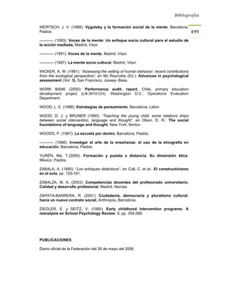 Bibliografía


WERTSCH, J. V. (1988): Vygotsky y la formación social de la mente, Barcelona,
Piados.                                                                                499
----------- (1993): Voces de la mente: Un enfoque socio cultural para el estudio de
la acción mediada, Madrid, Visor.

----------- (1991): Voces de la mente, Madrid, Visor.

----------- (1997): La mente socio cultural, Madrid, Visor.

WICKER, A. W. (1981): “Assessing the setting of human behavior: recent contributions
from the ecological perspective”, en Mc Reynolds (Ed.): Advances in psychological
assessment (Vol. 5), San Francisco, Jossey- Bass.

WORK BANK (2000): Performance audit. report, Chile, primary education
development project (LN.3410-CH). Washington D.C.: Operations Evaluation
Department.

WOOD, L. E. (1988): Estrategias de pensamiento, Barcelona, Labor.

WOOD, D. J. y BRUNER (1980): “Teaching the young child: some relations ships
between social intervention, language and thought”, en Olson, D. R.: The social
foundations of language and thought, New York, Norton.

WOODS, P. (1987): La escuela por dentro, Barcelona, Paidós.

----------- (1998): Investigar el arte de la enseñanza: el uso de la etnografía en
educación, Barcelona, Paidós.

YURÉN, Ma. T.(2000). Formación y puesta a distancia. Su dimensión ética.
México: Paidós.

ZABALA, A. (1995): “Los enfoques didácticos”, en Coll, C. et al.: El constructivismo
en el aula, pp. 125-161.

ZABALZA, M. A. (2003): Competencias docentes del profesorado universitario.
Calidad y desarrollo profesional, Madrid, Narcea.

ZAPATA-BARRERA, R. (2001): Ciudadanía, democracía y pluralismo cultural:
hacia un nuevo contrato social, Anthropos, Barcelona.

ZIEGLER, E. y SEITZ, V. (1980): Early childhood intervention programs: A
reanalysis en School Psychology Review, 9, pp. 354-368.




PUBLICACIONES

Diario oficial de la Federación del 26 de mayo del 2006
 