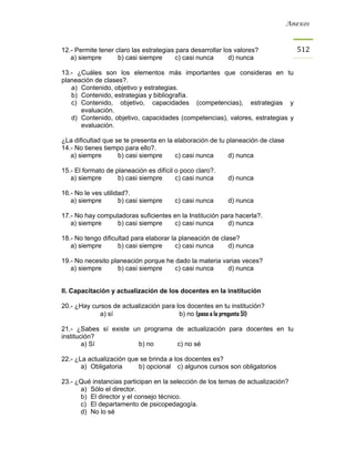 Anexos



12.- Permite tener claro las estrategias para desarrollar los valores?            512
   a) siempre       b) casi siempre      c) casi nunca      d) nunca

13.- ¿Cuáles son los elementos más importantes que consideras en tu
planeación de clases?.
   a) Contenido, objetivo y estrategias.
   b) Contenido, estrategias y bibliografía.
   c) Contenido, objetivo, capacidades (competencias), estrategias y
      evaluación.
   d) Contenido, objetivo, capacidades (competencias), valores, estrategias y
      evaluación.

¿La dificultad que se te presenta en la elaboración de tu planeación de clase
14.- No tienes tiempo para ello?.
   a) siempre       b) casi siempre     c) casi nunca     d) nunca

15.- El formato de planeación es difícil o poco claro?.
   a) siempre       b) casi siempre      c) casi nunca     d) nunca

16.- No le ves utilidad?.
   a) siempre        b) casi siempre    c) casi nunca      d) nunca

17.- No hay computadoras suficientes en la Institución para hacerla?.
   a) siempre     b) casi siempre    c) casi nunca       d) nunca

18.- No tengo dificultad para elaborar la planeación de clase?
   a) siempre       b) casi siempre      c) casi nunca     d) nunca

19.- No necesito planeación porque he dado la materia varias veces?
   a) siempre      b) casi siempre    c) casi nunca     d) nunca


II. Capacitación y actualización de los docentes en la institución

20.- ¿Hay cursos de actualización para los docentes en tu institución?
             a) sí                      b) no (pasa a la pregunta 51)

21.- ¿Sabes sí existe un programa de actualización para docentes en tu
institución?
        a) Sí           b) no     c) no sé

22.- ¿La actualización que se brinda a los docentes es?
       a) Obligatoria     b) opcional c) algunos cursos son obligatorios

23.- ¿Qué instancias participan en la selección de los temas de actualización?
      a) Sólo el director.
      b) El director y el consejo técnico.
      c) El departamento de psicopedagogía.
      d) No lo sé
 