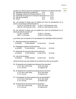 Anexos



¿Cuáles han sido las áreas de actualización docente en los últimos tres años     513
24.- Identidad institucional (Lasallismo)?   a) sí         b) no
25.- Pedagogía cognitiva? (Constructivismo)? a) sí         b) no
26.- Desarrollo de la persona? (Formación personal)? a) sí b) no
27.- Uso de tecnología?                      a) sí         b) no
28.- Otros?                                  a) sí         b) no

29.- ¿En general el tiempo que se emplea por curso de actualización en el
verano o en el tiempo intersemestral es?
      a) De 5 a 10 horas por curso     b) De 11 a 20 horas por curso
      c)De 21 a 50 horas por curso     d) De 51 o más horas por curso

30- ¿En general el tiempo que se emplea por curso de actualización en el
transcurso del año escolar es?
      a) De 1 a 4 horas            b) De 5 a 10 horas.
      c)De 11 a 20 horas.          d) De 21 o más horas.

¿Los temas que se imparten en la actualización son aplicables dentro del aula?

31.- Identidad institucional (lasallismo)
   a) siempre        b) casi siempre      c) casi nunca     d) nunca

32.- Pedagogía cognitiva (constructivismo)
   a) siempre     b) casi siempre      c) casi nunca        d) nunca

33.- Desarrollo de la persona (formación personal)
   a) siempre       b) casi siempre    c) casi nunca        d) nunca

34.- Uso de la tecnología
   a) siempre      b) casi siempre       c) casi nunca      d) nunca

¿Entre los temas que has recibido en los últimos tres años se encuentra

35.- El desarrollo de competencias básicas de los docentes?
       a) Sí, tres o más veces         b) Sí, dos veces
       c) Sí, una vez                  d) ninguna vez

36.- El desarrollo de competencias básicas de los alumnos?
       a) Sí, tres o más veces         b) Sí, dos veces
       c) Sí, una vez                  d) ninguna vez

37.- La planeación de clase (experiencias de aprendizaje)?
       a) Sí, tres o más veces          b) Sí, dos veces
       c) Sí, una vez                   d) ninguna vez

38.- El desarrollo de la persona (de los docentes)?
       a) Sí, tres o más veces           b) Sí, dos veces
       c) Sí, una vez                    d) ninguna vez
 
