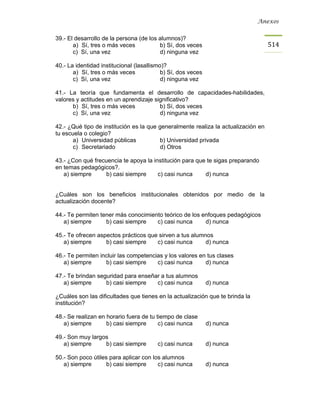Anexos


39.- El desarrollo de la persona (de los alumnos)?
       a) Sí, tres o más veces           b) Sí, dos veces                          514
       c) Sí, una vez                    d) ninguna vez

40.- La identidad institucional (lasallismo)?
       a) Sí, tres o más veces             b) Sí, dos veces
       c) Sí, una vez                      d) ninguna vez

41.- La teoría que fundamenta el desarrollo de capacidades-habilidades,
valores y actitudes en un aprendizaje significativo?
      b) Sí, tres o más veces           b) Sí, dos veces
      c) Sí, una vez                    d) ninguna vez

42.- ¿Qué tipo de institución es la que generalmente realiza la actualización en
tu escuela o colegio?
       a) Universidad públicas          b) Universidad privada
       c) Secretariado                  d) Otros

43.- ¿Con qué frecuencia te apoya la institución para que te sigas preparando
en temas pedagógicos?.
   a) siempre     b) casi siempre      c) casi nunca     d) nunca


¿Cuáles son los beneficios institucionales obtenidos por medio de la
actualización docente?

44.- Te permiten tener más conocimiento teórico de los enfoques pedagógicos
   a) siempre      b) casi siempre   c) casi nunca      d) nunca

45.- Te ofrecen aspectos prácticos que sirven a tus alumnos
   a) siempre      b) casi siempre    c) casi nunca      d) nunca

46.- Te permiten incluir las competencias y los valores en tus clases
   a) siempre      b) casi siempre     c) casi nunca      d) nunca

47.- Te brindan seguridad para enseñar a tus alumnos
   a) siempre      b) casi siempre   c) casi nunca            d) nunca

¿Cuáles son las dificultades que tienes en la actualización que te brinda la
institución?

48.- Se realizan en horario fuera de tu tiempo de clase
   a) siempre       b) casi siempre      c) casi nunca        d) nunca

49.- Son muy largos
   a) siempre     b) casi siempre        c) casi nunca        d) nunca

50.- Son poco útiles para aplicar con los alumnos
   a) siempre       b) casi siempre     c) casi nunca         d) nunca
 