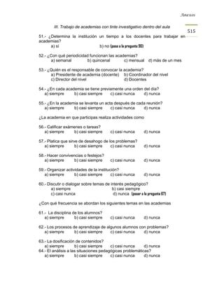 Anexos


         III. Trabajo de academias con tinte investigativo dentro del aula
                                                                                   515
51.- ¿Determina la institución un tiempo a los docentes para trabajar en
academias?
      a) sí                    b) no (pasa a la pregunta 90)

52.- ¿Con qué periodicidad funcionan las academias?
      a) semanal          b) quincenal       c) mensual         d) más de un mes

53.- ¿Quién es el responsable de convocar la academia?
      a) Presidente de academia (docente) b) Coordinador del nivel
      c) Director del nivel                  d) Docentes

54.- ¿En cada academia se tiene previamente una orden del día?
   a) siempre     b) casi siempre    c) casi nunca    d) nunca

55.- ¿En la academia se levanta un acta después de cada reunión?
   a) siempre     b) casi siempre     c) casi nunca   d) nunca

¿La academia en que participas realiza actividades como

56.- Calificar exámenes o tareas?
   a) siempre      b) casi siempre        c) casi nunca      d) nunca

57.- Platica que sirve de desahogo de los problemas?
   a) siempre        b) casi siempre   c) casi nunca         d) nunca

58.- Hacer convivencias o festejos?
   a) siempre     b) casi siempre         c) casi nunca      d) nunca

59.- Organizar actividades de la institución?
   a) siempre       b) casi siempre      c) casi nunca       d) nunca

60.- Discutir o dialogar sobre temas de interés pedagógico?
       a) siempre                        b) casi siempre
       c) casi nunca                      d) nunca (pasar a la pregunta 67)

¿Con qué frecuencia se abordan los siguientes temas en las academias

61.- La disciplina de los alumnos?
   a) siempre       b) casi siempre       c) casi nunca      d) nunca

62.- Los procesos de aprendizaje de algunos alumnos con problemas?
   a) siempre      b) casi siempre    c) casi nunca   d) nunca

63.- La dosificación de contenidos?
   a) siempre        b) casi siempre    c) casi nunca     d) nunca
64.- El análisis a las situaciones pedagógicas problemáticas?
   a) siempre        b) casi siempre    c) casi nunca     d) nunca
 