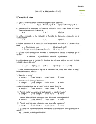 Anexos


                           ENCUESTA PARA DIRECTIVOS
                                                                                               522
I Planeación de clase


3. ¿En tu institución existe un formato de planeación de clase?
      a) Sí                   b) no (Pase a la pregunta 15) c) no sé (Pase a la pregunta 15)

4. ¿El formato de planeación de clase que usan en tu institución es el que propone la
   Secretaria de Educación Pública?
       a) sí                      b) no                c) no sé

3.- ¿Han empleado en tu institución el formato de planeación propuesto por el
Secretariado?
       a) Sí                    b) no              c) no sé

4.- ¿Qué instancia de la institución es la responsable de analizar tu planeación de
clase?
       a) La Dirección del nivel                 b) La Coordinación
       c) El departamento de psicopedagogía      d) No hay nadie

5.- ¿Cada cuánto entregan los docentes la planeación de clase a la instancia que la
revisa?
             a) Semanal     b) Quincenal c) mensual   d) semestral

6.- ¿Consideras que la planeación de clase es útil para realizar un mejor trabajo
educativo dentro del aula?

       a) Mucho        b) Regular      c) Poco         d) nada (pase a la pregunta 13)

¿En qué aspectos consideras ayuda la planeación de clase para tener un mejor
desempeño dentro del aula:

7.- Optimiza el tiempo?
    a) siempre      b) casi siempre       c) casi nunca       d) nunca

8.- Permite tener una mejor disciplina?
    a) siempre      b) casi siempre     c) casi nunca         d) nunca

9.- Ayuda a determinar qué se quiere obtener de los alumnos?
    a) siempre    b) casi siempre     c) casi nunca     d) nunca

10.- Permite contar con una mayor participación de los alumnos/as?
   a) siempre      b) casi siempre    c) casi nunca      d) nunca

11.- Permite tener clara las estrategias para desarrollar las competencias?
   a) siempre       b) casi siempre      c) casi nunca      d) nunca

12.- Permite tener claro las estrategias para desarrollar los valores?
   a) siempre       b) casi siempre      c) casi nunca      d) nunca

13.- ¿Cuáles son los elementos más importantes que consideras en la planeación de
clases?.
    e) Contenido, objetivo y estrategias.
 