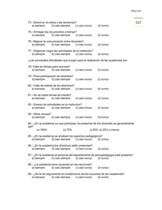 Anexos



74.- Disminuir el estrés y las tensiones?                                              527
   a) siempre       b) casi siempre     c) casi nunca     d) nunca

75.- Entregar los documentos a tiempo?
   a) siempre       b) casi siempre  c) casi nunca        d) nunca

76.- Mejorar la comunicación entre docentes?
   a) siempre      b) casi siempre    c) casi nunca       d) nunca

77.- Organizar mejor las actividades de la institución?
   a) siempre      b) casi siempre     c) casi nunca      d) nunca

¿Las principales dificultades que surgen para la real
