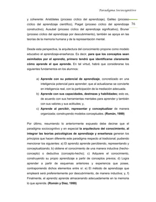 Paradigma Sociocognitivo


y coherente: Aristóteles (proceso cíclico del aprendizaje), Galileo (proceso
cíclico del aprendizaje científico), Piaget (proceso cíclico del aprendizaje 76 
constructivo), Ausubel (proceso cíclico del aprendizaje significativo), Bruner
(proceso cíclico del aprendizaje por descubrimiento), también se apoya en las
teorías de la memoria humana y de la representación mental.


Desde esta perspectiva, la arquitectura del conocimiento propone como modelo
educativo el aprendizaje-enseñanza. Es decir, para que los conceptos sean
asimilados por el aprendiz, primero tendrá que identificarse claramente
cómo aprende el que aprende. En tal virtud, habrá que considerarse los
siguientes fundamentos en los alumnos:


       a) Aprende con su potencial de aprendizaje, concretizado en una
          inteligencia potencial para aprender; que al actualizarse se convierte
          en inteligencia real, con la participación de la mediación adecuada.
       b) Aprende con sus capacidades, destrezas y habilidades; esto es,
          de acuerdo con sus herramientas mentales para aprender y también
          con sus valores y sus actitudes; y,
       c) Aprende al percibir, representar y conceptualizar de manera
          organizada; construyendo modelos conceptuales. (Román, 1999)


Por último, resumiendo lo anteriormente expuesto debe decirse que el
paradigma sociocognitivo y en especial la arquitectura del conocimiento, al
integrar las teorías psicológicas de aprendizaje y enseñanza generan los
principios que hacen diferente este paradigma respecto al tradicional; pudiendo
mencionar los siguientes: a) El aprendiz aprende percibiendo, representando y
conceptualizando; b) obtiene el conocimiento de una manera inductiva (hecho-
concepto) o deductiva (concepto-hecho); c) Adquiere el conocimiento,
construyendo su propio aprendizaje a partir de conceptos previos; d) Logra
aprender a partir de esquemas anteriores y experiencia que posee,
contraponiendo dichos elementos entre sí: e) El método de aprendizaje que
empleará será preferentemente por descubrimiento, de manera inductiva; y, f)
Finalmente, el aprendiz aprende almacenando adecuadamente en la memoria
lo que aprende. (Román y Díez, 1999)
 