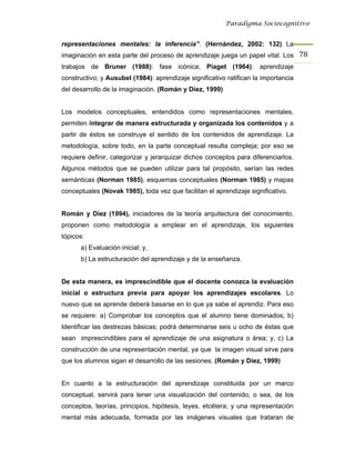 Paradigma Sociocognitivo


representaciones mentales: la inferencia”. (Hernández, 2002: 132) La
imaginación en esta parte del proceso de aprendizaje juega un papel vital. Los 78 
trabajos de Bruner (1988): fase icónica; Piaget (1964): aprendizaje
constructivo; y Ausubel (1984): aprendizaje significativo ratifican la importancia
del desarrollo de la imaginación. (Román y Díez, 1999)


Los modelos conceptuales, entendidos como representaciones mentales,
permiten integrar de manera estructurada y organizada los contenidos y a
partir de éstos se construye el sentido de los contenidos de aprendizaje. La
metodología, sobre todo, en la parte conceptual resulta compleja; por eso se
requiere definir, categorizar y jerarquizar dichos conceptos para diferenciarlos.
Algunos métodos que se pueden utilizar para tal propósito, serían las redes
semánticas (Norman 1985), esquemas conceptuales (Norman 1985) y mapas
conceptuales (Novak 1985), toda vez que facilitan el aprendizaje significativo.


Román y Díez (1994), iniciadores de la teoría arquitectura del conocimiento,
proponen como metodología a emplear en el aprendizaje, los siguientes
tópicos:
      a) Evaluación inicial; y,
      b) La estructuración del aprendizaje y de la enseñanza.


De esta manera, es imprescindible que el docente conozca la evaluación
inicial o estructura previa para apoyar los aprendizajes escolares. Lo
nuevo que se aprende deberá basarse en lo que ya sabe el aprendiz. Para eso
se requiere: a) Comprobar los conceptos que el alumno tiene dominados; b)
Identificar las destrezas básicas; podrá determinarse seis u ocho de éstas que
sean imprescindibles para el aprendizaje de una asignatura o área; y, c) La
construcción de una representación mental, ya que la imagen visual sirve para
que los alumnos sigan el desarrollo de las sesiones. (Román y Díez, 1999)


En cuanto a la estructuración del aprendizaje constituida por un marco
conceptual, servirá para tener una visualización del contenido, o sea, de los
conceptos, teorías, principios, hipótesis, leyes, etcétera; y una representación
mental más adecuada, formada por las imágenes visuales que trataran de
 