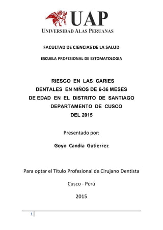 1
FACULTAD DE CIENCIAS DE LA SALUD
ESCUELA PROFESIONAL DE ESTOMATOLOGIA
RIESGO EN LAS CARIES
DENTALES EN NIÑOS DE 6-36 MESES
DE EDAD EN EL DISTRITO DE SANTIAGO
DEPARTAMENTO DE CUSCO
DEL 2015
Presentado por:
Goyo Candia Gutierrez
Para optar el Título Profesional de Cirujano Dentista
Cusco - Perú
2015
 