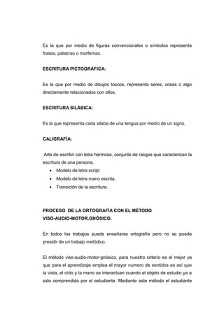 Es la que por medio de figuras convencionales o símbolos representa
frases, palabras o morfemas.


ESCRITURA PICTOGRÁFICA:


Es la que por medio de dibujos toscos, representa seres, cosas o algo
directamente relacionados con ellos.


ESCRITURA SILÁBICA:


Es la que representa cada silaba de una lengua por medio de un signo.


CALIGRAFÍA:


Arte de escribir con letra hermosa, conjunto de rasgos que caracterizan la
escritura de una persona.
   •   Modelo de letra script
   •   Modelo de letra mano escrita.
   •   Transición de la escritura.




PROCESO DE LA ORTOGRAFÍA CON EL MÉTODO
VISO-AUDIO-MOTOR.GNÓSICO.


En todos los trabajos puede enseñarse ortografía pero no se puede
presidir de un trabajo metódico.


El método viso-audio-motor-gnósico, para nuestro criterio es el mejor ya
que para el aprendizaje emplea el mayor numero de sentidos es así que
la vista, el oído y la mano se interactúan cuando el objeto de estudio ya a
sido comprendido por el estudiante. Mediante este método el estudiante
 