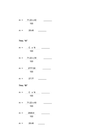 m =    71.22 x 40
            100


m =        28.48




7mo. “A”


m =        C x N
            100


m =    71.22 x 39
            100


m =        2777.58
            100


m =        27.77


7mo. “B”


m =        C x N
            100


m =    71.22 x 40
            100


m =        2848.8
            100


m =        28.48
 