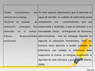 Tienen conocimiento, son
estrictas en su trabajo.
Realizan un cuidado de
enfermería anticipado. Son
dedicadas en el trabajo.
Educan. Responsabilidad
profesional
En este aspecto observamos que la paciente es
capaz de percibir el cuidado de enfermería como
competente, con conocimientos, que sea
responsable y dedicada, o que se anticipen a las
necesidades físicas, privilegiando las funciones
administrativas, más sin embargo dejando en
segundo la valoración humanística. Todo ser
humano tiene derecho a recibir cuidados de
enfermería con calidad, la enfermera debe
asegurarse el mismo se otorgue respetando la
dignidad de cada individuo y grupo social (Olarte,
2008).
 