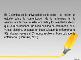En Colombia en la universidad de la salle se realizo un
estudio sobre la comunicación de la enfermera en la
asistencia a la mujer mastectomizada y los resultados dieron
que el 80% brindaba un buen cuidado de enfermería, el 10
% casi siempre, brindaba un buen cuidado de enfermería el
5% algunas veces y el 5% nunca recibió un buen cuidado de
enfermería. (Bomfin I, 2010)
 