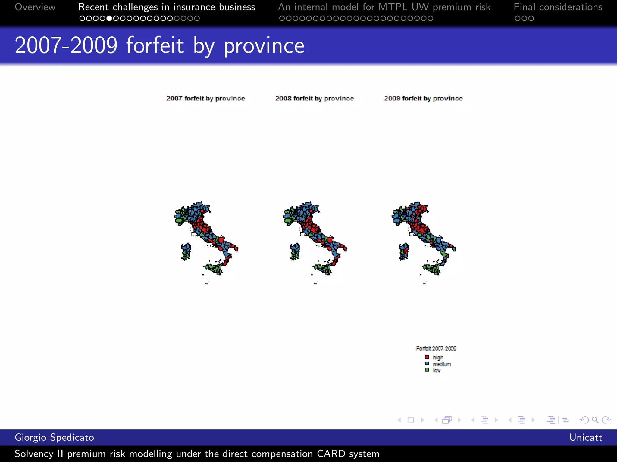 Overview     Recent challenges in insurance business   An internal model for MTPL UW premium risk   Final considerations



2007-2009 forfeit by province




Giorgio Spedicato           Figure: 2007-2009 forfeit territorial structure                                     Unicatt
Solvency II premium risk modelling under the direct compensation CARD system
 