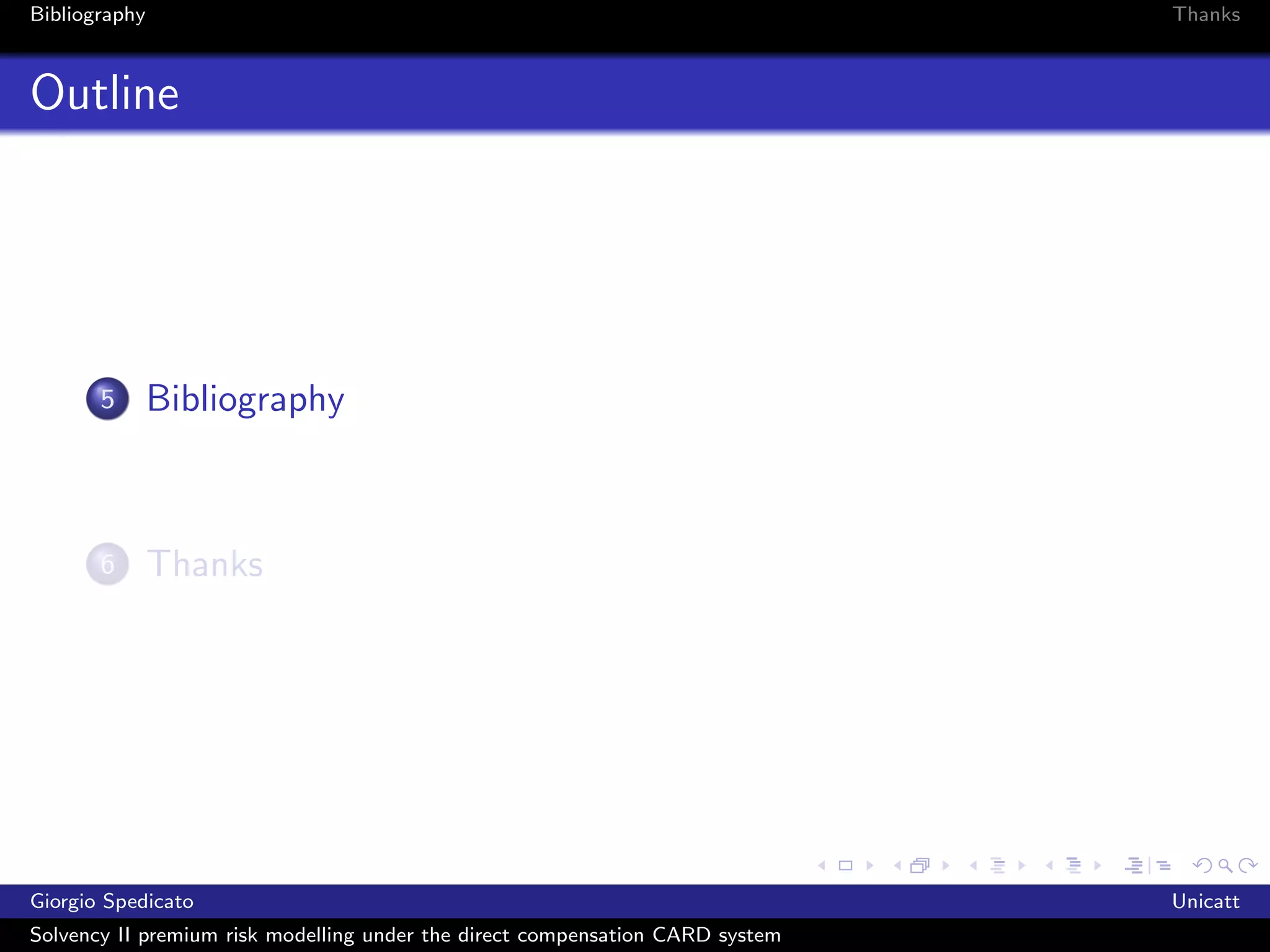 Bibliography                                                                   Thanks



Outline




       5       Bibliography



       6       Thanks




Giorgio Spedicato                                                              Unicatt
Solvency II premium risk modelling under the direct compensation CARD system
 