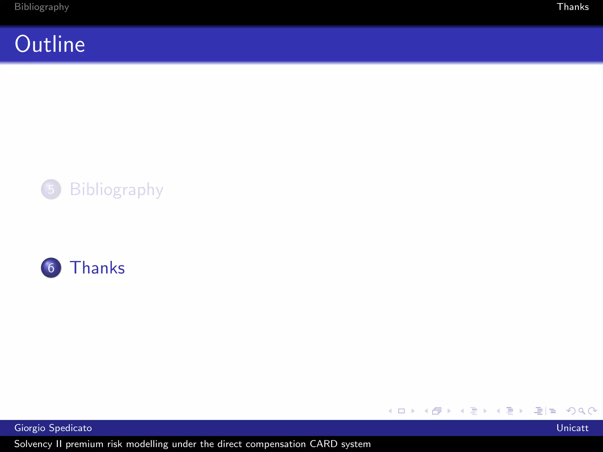 Bibliography                                                                   Thanks



Outline




       5       Bibliography



       6       Thanks




Giorgio Spedicato                                                              Unicatt
Solvency II premium risk modelling under the direct compensation CARD system
 