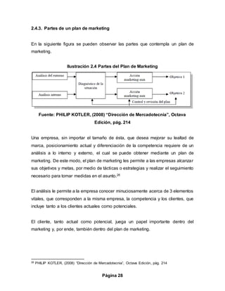 Página 28
2.4.3. Partes de un plan de marketing
En la siguiente figura se pueden observar las partes que contempla un plan de
marketing.
Ilustración 2.4 Partes del Plan de Marketing
Fuente: PHILIP KOTLER, (2008) “Dirección de Mercadotecnia”, Octava
Edición, pág. 214
Una empresa, sin importar el tamaño de ésta, que desea mejorar su lealtad de
marca, posicionamiento actual y diferenciación de la competencia requiere de un
análisis a lo interno y externo, el cual se puede obtener mediante un plan de
marketing. De este modo, el plan de marketing les permite a las empresas alcanzar
sus objetivos y metas, por medio de tácticas o estrategias y realizar el seguimiento
necesario para tomar medidas en el asunto.26
El análisis le permite a la empresa conocer minuciosamente acerca de 3 elementos
vitales, que corresponden a la misma empresa, la competencia y los clientes, que
incluye tanto a los clientes actuales como potenciales.
El cliente, tanto actual como potencial, juega un papel importante dentro del
marketing y, por ende, también dentro del plan de marketing.
26 PHILIP KOTLER, (2008) “Dirección de Mercadotecnia”, Octava Edición, pág. 214
 