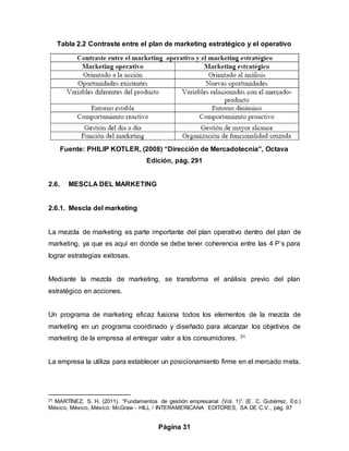 Página 31
Tabla 2.2 Contraste entre el plan de marketing estratégico y el operativo
Fuente: PHILIP KOTLER, (2008) “Dirección de Mercadotecnia”, Octava
Edición, pág. 291
2.6. MESCLA DEL MARKETING
2.6.1. Mescla del marketing
La mezcla de marketing es parte importante del plan operativo dentro del plan de
marketing, ya que es aquí en donde se debe tener coherencia entre las 4 P’s para
lograr estrategias exitosas.
Mediante la mezcla de marketing, se transforma el análisis previo del plan
estratégico en acciones.
Un programa de marketing eficaz fusiona todos los elementos de la mezcla de
marketing en un programa coordinado y diseñado para alcanzar los objetivos de
marketing de la empresa al entregar valor a los consumidores. 31
La empresa la utiliza para establecer un posicionamiento firme en el mercado meta.
31 MARTÍNEZ, S. H. (2011). “Fundamentos de gestión empresarial (Vol. 1)”. (E. C. Gutiérrez, Ed.)
México, México, México: McGraw - HILL / INTERAMERICANA EDITORES, SA DE C.V., pág. 97
 