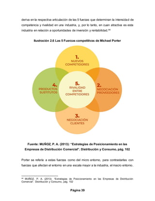 Página 39
deriva en la respectiva articulación de las 5 fuerzas que determinan la intensidad de
competencia y rivalidad en una industria, y, por lo tanto, en cuan atractiva es esta
industria en relación a oportunidades de inversión y rentabilidad.44
Ilustración 2.6 Las 5 Fuerzas competitivas de Michael Porter
Fuente: MUÑOZ, P. A. (2013): “Estrategias de Posicionamiento en las
Empresas de Distribución Comercial”. Distribución y Consumo, pág. 102
Porter se refería a estas fuerzas como del micro entorno, para contrastarlas con
fuerzas que afectan el entorno en una escala mayor a la industria, el macro entorno.
44 MUÑOZ, P. A. (2013): “Estrategias de Posicionamiento en las Empresas de Distribución
Comercial”. Distribución y Consumo, pág. 102
 