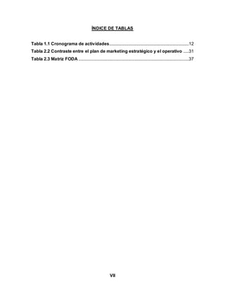 VII
ÍNDICE DE TABLAS
Tabla 1.1 Cronograma de actividades........................................................................12
Tabla 2.2 Contraste entre el plan de marketing estratégico y el operativo .....31
Tabla 2.3 Matriz FODA ....................................................................................................37
 
