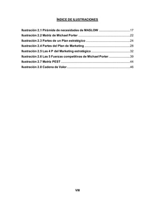 VIII
ÍNDICE DE ILUSTRACIONES
Ilustración 2.1 Pirámide de necesidades de MASLOW .........................................17
Ilustración 2.2 Matriz de Michael Porter ....................................................................22
Ilustración 2.3 Partes de un Plan estratégico ..........................................................24
Ilustración 2.4 Partes del Plan de Marketing ............................................................28
Ilustración 2.5 Las 4 P del Marketing estratégico ...................................................32
Ilustración 2.6 Las 5 Fuerzas competitivas de Michael Porter ............................39
Ilustración 2.7 Matriz PEST ...........................................................................................44
Ilustración 2.8 Cadena de Valor...................................................................................46
 