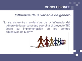 HIPÓTESIS Pienso que... La influencia no es total “ (...) Sin embargo, el  grado de formación  del profesorado  no difiere en función del género  de la persona que coordina el proyecto.  Tampoco  hay diferencias en  el grado de motivación  de éstas”. ¿Por qué? Mi experiencia en el CEP. 