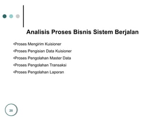 20
Analisis Proses Bisnis Sistem Berjalan
•Proses Mengirim Kuisioner
•Proses Pengisian Data Kuisioner
•Proses Pengolahan Master Data
•Proses Pengolahan Transaksi
•Proses Pengolahan Laporan
 