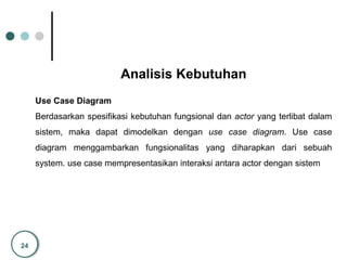 24
Analisis Kebutuhan
Use Case Diagram
Berdasarkan spesifikasi kebutuhan fungsional dan actor yang terlibat dalam
sistem, maka dapat dimodelkan dengan use case diagram. Use case
diagram menggambarkan fungsionalitas yang diharapkan dari sebuah
system. use case mempresentasikan interaksi antara actor dengan sistem
 
