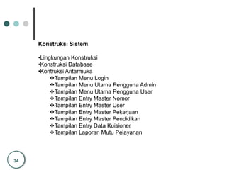 34
Konstruksi Sistem
•Lingkungan Konstruksi
•Konstruksi Database
•Kontruksi Antarmuka
Tampilan Menu Login
Tampilan Menu Utama Pengguna Admin
Tampilan Menu Utama Pengguna User
Tampilan Entry Master Nomor
Tampilan Entry Master User
Tampilan Entry Master Pekerjaan
Tampilan Entry Master Pendidikan
Tampilan Entry Data Kuisioner
Tampilan Laporan Mutu Pelayanan
 