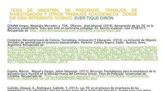 TESIS DE MAESTRÍA, DE PREGRADO, TRABAJOS DE
INVESTIGACIÓN Y OTROS TRABAJOS ACACDÉMICOS DONDE
HE SIDO REFERENTE TEÓRICO: EVER TIQUE GIRÓN
COLINA Vargas, Alejandra Mercedes y TÚA, Ollarves , José Jahaziel. (2018). Apropiación de las TIC en la
docencia universitaria: Statu quo ante un panorama complejo. En: Revista espacios, isbn 07981015.
Recuperado de: http://www.revistaespacios.com/a18v39n43/a18v39n43p21.pdf
Congreso, Iberoamericano de Ciencia, Tecnología, Innovación Y Educación. (2014). La inclusión de Objetos
Virtuales de aprendizaje en procesos educacionales. Ponente: Gamba Segura, Eddie. Buenos, Aires,
Argentina. Recuperado de:
https://www.google.com/search?q=Congreso%2C+Iberoamericano+de+Ciencia%2C+Tecnolog%C3%ADa%2
C+Innovaci%C3%B3n+Y+Educaci%C3%B3n.+(2014).+La+inclusi%C3%B3n+de+Objetos+Virtuales+de+apren
dizaje+en+procesos+educacionales.+Ponente%3A+Gamba+Segura%2C+Eddie.+Buenos%2C+Aires%2C+Ar
gentina&oq=Congreso%2C+Iberoamericano+de+Ciencia%2C+Tecnolog%C3%ADa%2C+Innovaci%C3%B3n+Y
+Educaci%C3%B3n.+(2014).+La+inclusi%C3%B3n+de+Objetos+Virtuales+de+aprendizaje+en+procesos+e
ducacionales.+Ponente%3A+Gamba+Segura%2C+Eddie.+Buenos%2C+Aires%2C+Argentina&aqs=chrome..6
9i57.142j0j7&sourceid=chrome&ie=UTF-8
España, Marcos, Miguel y Vargas, Johan Sebastián. (2015). Recursos Tecnológicos para la enseñanza de la
lectroescritura musical en la básicaprimaria del Gimnasio Unicor. Tesis de Pregrado. Universidad de
Córdoba. Recuperado de: https://es.scribd.com/document/275954617/RECURSOS-TECNOLOGICOS-
PARA-LA-ENSENANZA-DE-LA-LECTOESCRITURA-MUSICAL-docx
Galindo, Ubaqué, A., Rodríguez, Galindo, Y. (2014). Las TIC en el proceso de enseñanza de las
 