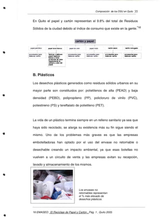 Composición de los DSU en Quito 35
En Quito el papel y cartón representan el 9.8% del total de Residuos
Sólidos de la ciudad debido al índice de consumo que existe en la gente:16
ptllC8Udos para
Ielaborar c.1lln.
I
cllrlón plano
proc....doe IN'ra
"Iabo,. cert6n.
o
cartón y papel
=r
1
; proceudos 1*8
¡"aborw cartDn.
-----
I
papel bond llIaneo papel de color
l
--~-
r.bolc... o elaborar Iproc:eudoa para
p~ higi6nico alabar .. catión
blanco y olroll
procllctos de color
dependiendo la
calíditd y color del
p",*.
I
papel per1ÓdlCO
I
I procm~ ~aDnIF cart6n
•
B. Plásticos
Los desechos plásticos generados como residuos sólidos urbanos en su
•
mayor parte son constituidos por: polietilenos de alta (PEAD) y baja
densidad (PEBD), polipropileno (PP), policloruro de vinilo (PVC),
poliestireno (PS) y tereftalato de polietileno (PET).
La vida de un plástico termina siempre en un relleno sanitario ya sea que
•
haya sido reciclado, se alarga su existencia más su fin sigue siendo el
mismo. Uno de los problemas más graves es que las empresas
embotelladoras han optado por el uso del envase no retornable o
desechable creando un impacto ambiental, ya que esas botellas no
vuelven a un circuito de venta y las empresas evitan su recepción,
lavado y almacenamiento de los mismos.
Los envases no
retornables representan
el % más elevado de
desechos plásticos.
•
16 EMASEO , El Reciclaje de Papel v Cartón, Pág. 1 , Quito 2005
 