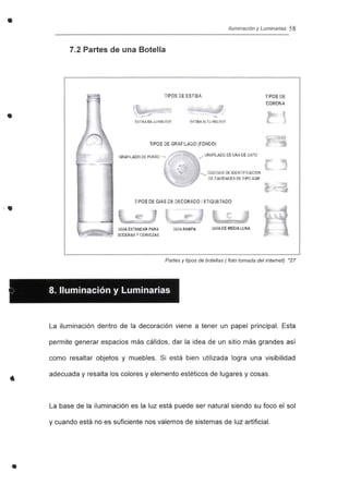 • Iluminación y Luminarias 58
7.2 Partes de una Botella
•
TIPOS DE ESTiBA
TIPOS DE GRAFiLAOQ ¡FONDO;
TiPOS DE
CORONA
SRAFlLADO DE ?liIHo - -
l.
"'. ,: nrw ;n s DEIDl k1JfIC,:.,c¡n N
nreAVIDAC [ ~. m: PPO ASR
TIPOS DE GIAS DE DECORADO" ETIQUETADO
,:;l1iA. ESfANDA.R PARA
so t,ERAS YCERVElAS
GUlA DEMEDIA LUtiA
Partes y tipos de botellas ( foto tomada del internet) *27
: 8. Iluminación y Luminarias
La iluminación dentro de la decoración viene a tener un papel principal. Esta
permite generar espacios más cálidos, dar la idea de un sitio más grandes así
como resaltar objetos y muebles. Si está bien utilizada logra una visibilidad
adecuada y resalta los colores y elemento estéticos de lugares y cosas.
La base de la iluminación es la luz está puede ser natural siendo su foco el sol
y cuando está no es suficiente nos valemos de sistemas de luz artificial.
•
 