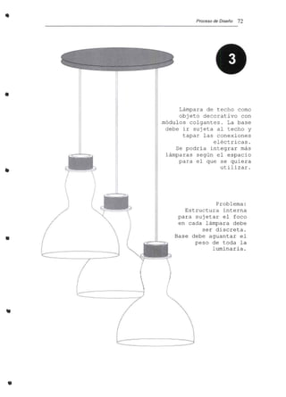 •
•
•
•
l
iI
I.
Proceso de Diseño 72
Lámpara de techo como
objeto decorativo con
módulos colgantes. La base
debe ir sujeta al techo y
tapa r las c onexiones
eléctri cas.
Se p odría integrar más
lámparas según el espacio
para el que se quiera
utilizar.
Problema:
Estructura interna
para sujetar el foco
en cada lámpara debe
ser discreta.
Base debe aguantar el
peso de toda la
luminaria.
j
l
l
.....



"=:=J----
 
