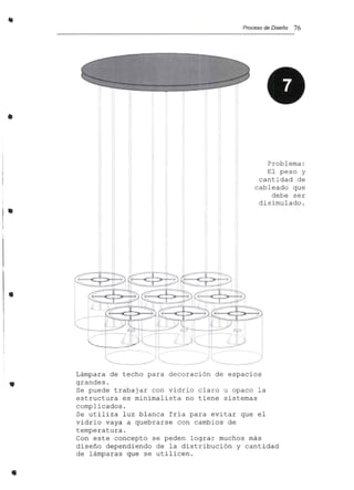 Proceso de Diseño 76
•
1I
•
•
Problema:
El peso y
cantidad de
cableado que
debe ser
disimulado.
/ l · ¡ _ J
-.---. --- .~ ---
•
•
I i ¡ l )
------------_/ ..-....._<---:....----.---_..~ .....-.......-._-----. -;,;---./
Lámpara de techo para decoración de espacios
grandes.
Se puede trabajar con vidrio claro u opaco la
estructura es minimalista no tiene sistemas
complicados.
Se utiliza luz blanca fría para evitar que el
vidrio vaya a quebrarse con cambios de
temperatura.
Con este concepto se peden lograr muchos más
diseño dependiendo de la distribución y cantidad
de lámparas que se utilicen .
 
