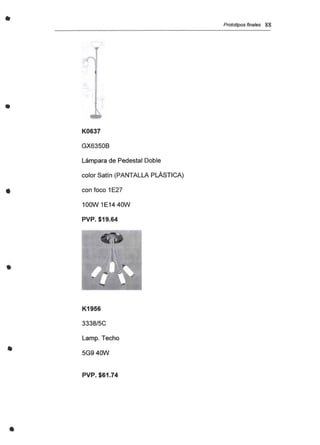 •
..
•
K0637
GX6350B
Lámpara de Pedestal Doble
color Satín (PANTALLA PLÁSTICA)
con foco 1E27
100W 1E14 40W
PVP. $19.64
K1956
3338/5C
Lamp. Techo
5G940W
PVP. $61.74
Prototipos finales 88
 