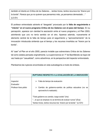 también el interés en Crítica de los Saberes… tantas horas, tantos recursos los “tiraron por
la borda”. Parece que ya no quieren que pensemos más, ya pensamos demasiado…”
(L2 D1)


El profesor entrevistado advierte el “desgaste” provocado por la falta de seguimiento e
“interés” en el nuevo programa Crítica de los Saberes con el paso del tiempo. En su
percepción, aparece con claridad la asociación entre el nuevo programa y el Plan 2003,
advirtiendo que uno no tenía sentido sin el otro. Aparece además, nuevamente el
elemento central de la falta de tiempo para el seguimiento y “aprovechamiento” de la
innovación introducida sintiendo que el tiempo y los recursos invertidos se “tiraron por la
borda”.


Al “caer” el Plan en el año 2005, parecía inviable que sobreviviera Crítica de los Saberes
tal como estaba pensada originalmente. La supervivencia en 1º de Bachillerato se logra tal
vez hasta por “casualidad”, como advertimos, en la perspectiva del inspector entrevistado.


Planteamos las rupturas encontradas en esta subcategoría a modo de síntesis.




                        RUPTURAS RESPECTO A LA EVALUACIÓN DE LA INNOVACIÓN


Inspector                    Falta de tiempo de evaluación
Evaluador
Profesor liceo piloto        Cambio de gobierno-cambio de política educativa (no se
                               aprovecha lo realizado)


                        “Todo gobierno es cambio, luego existo” (Ins)
                        “…lo que se empieza no se termina de evaluar nunca” (Eva)
                        “tantas horas, tantos recursos los `tiraron por la borda´” (L2 D1)




                                             104
 
