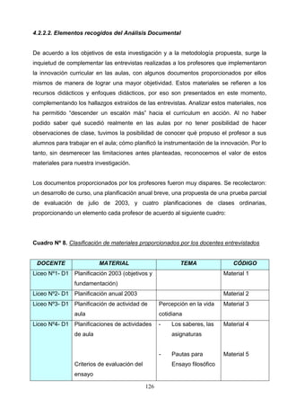 4.2.2.2. Elementos recogidos del Análisis Documental


De acuerdo a los objetivos de esta investigación y a la metodología propuesta, surge la
inquietud de complementar las entrevistas realizadas a los profesores que implementaron
la innovación curricular en las aulas, con algunos documentos proporcionados por ellos
mismos de manera de lograr una mayor objetividad. Estos materiales se refieren a los
recursos didácticos y enfoques didácticos, por eso son presentados en este momento,
complementando los hallazgos extraídos de las entrevistas. Analizar estos materiales, nos
ha permitido “descender un escalón más” hacia el curriculum en acción. Al no haber
podido saber qué sucedió realmente en las aulas por no tener posibilidad de hacer
observaciones de clase, tuvimos la posibilidad de conocer qué propuso el profesor a sus
alumnos para trabajar en el aula; cómo planificó la instrumentación de la innovación. Por lo
tanto, sin desmerecer las limitaciones antes planteadas, reconocemos el valor de estos
materiales para nuestra investigación.


Los documentos proporcionados por los profesores fueron muy dispares. Se recolectaron:
un desarrollo de curso, una planificación anual breve, una propuesta de una prueba parcial
de evaluación de julio de 2003, y cuatro planificaciones de clases ordinarias,
proporcionando un elemento cada profesor de acuerdo al siguiente cuadro:




Cuadro Nº 8. Clasificación de materiales proporcionados por los docentes entrevistados


 DOCENTE                  MATERIAL                          TEMA               CÓDIGO
Liceo Nº1- D1 Planificación 2003 (objetivos y                               Material 1
                fundamentación)
Liceo Nº2- D1 Planificación anual 2003                                      Material 2
Liceo Nº3- D1 Planificación de actividad de         Percepción en la vida   Material 3
                aula                                cotidiana
Liceo Nº4- D1 Planificaciones de actividades        -   Los saberes, las    Material 4
                de aula                                 asignaturas


                                                    -   Pautas para         Material 5
                Criterios de evaluación del             Ensayo filosófico
                ensayo

                                              126
 