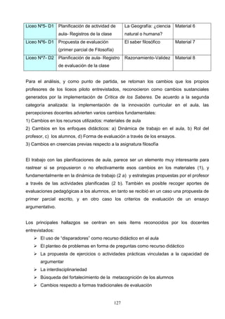 Liceo Nº5- D1 Planificación de actividad de            La Geografía: ¿ciencia   Material 6
                 aula- Registros de la clase           natural o humana?
Liceo Nº6- D1 Propuesta de evaluación                  El saber filosófico      Material 7
                 (primer parcial de Filosofía)
Liceo Nº7- D2 Planificación de aula- Registro          Razonamiento-Validez     Material 8
                 de evaluación de la clase


Para el análisis, y como punto de partida, se retoman los cambios que los propios
profesores de los liceos piloto entrevistados, reconocieron como cambios sustanciales
generados por la implementación de Crítica de los Saberes. De acuerdo a la segunda
categoría analizada: la implementación de la innovación curricular en el aula, las
percepciones docentes advierten varios cambios fundamentales:
1) Cambios en los recursos utilizados: materiales de aula
2) Cambios en los enfoques didácticos: a) Dinámica de trabajo en el aula, b) Rol del
profesor, c) los alumnos, d) Forma de evaluación a través de los ensayos.
3) Cambios en creencias previas respecto a la asignatura filosofía


El trabajo con las planificaciones de aula, parece ser un elemento muy interesante para
rastrear si se propusieron o no efectivamente esos cambios en los materiales (1), y
fundamentalmente en la dinámica de trabajo (2 a) y estrategias propuestas por el profesor
a través de las actividades planificadas (2 b). También es posible recoger aportes de
evaluaciones pedagógicas a los alumnos, en tanto se recibió en un caso una propuesta de
primer parcial escrito, y en otro caso los criterios de evaluación de un ensayo
argumentativo.


Los principales hallazgos se centran en seis ítems reconocidos por los docentes
entrevistados:
    El uso de “disparadores” como recurso didáctico en el aula
    El planteo de problemas en forma de preguntas como recurso didáctico
    La propuesta de ejercicios o actividades prácticas vinculadas a la capacidad de
       argumentar
    La interdisciplinariedad
    Búsqueda del fortalecimiento de la metacognición de los alumnos
    Cambios respecto a formas tradicionales de evaluación


                                                 127
 