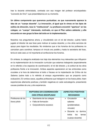 trae la docente entrevistada, contrasta con esa imagen del profesor enciclopedista-
“Leonardo da Vinci”- que presentábamos en su momento.


Un último componente que queremos puntualizar, es que nuevamente aparece la
idea de un “cuerpo docente”. La innovación, al igual que lo vimos en los tipos de
estilos de dirección, toca lo “institucional”. La profesora encontró “apertura” en los
colegas; un “cuerpo” interesado, motivado, en que el Plan saliera adelante; y ella
encuentra en ese grupo la llave del éxito en la implementación.


Nosotros nos preguntamos ahora, y vinculándolo con el rol del director, cuánto habrá
jugado el director de ese liceo para motivar al cuerpo docente y a los otros servicios de
apoyo para lograr los resultados. No olvidemos que si los horarios de los profesores no
coincidían para coordinar, tampoco el vínculo era posible y hasta la secretaria del liceo,
tenía en este caso un rol importante al confeccionar los horarios.


En síntesis, la categoría analizada nos trajo dos elementos muy relevantes que influyeron
en la implementación de la innovación curricular que estamos trabajando (especialmente
en lo referido a los espacios de coordinación): el rol del director, y la actitud de los otros
profesores frente a la innovación. Ambos aspectos aparecieron en las entrevistas como
cruciales a la hora de determinar el éxito o fracaso en la implantación de Crítica de los
Saberes (sobre todo a lo referido al ensayo argumentativo que se proponía como
evaluación). En ambos casos, aquellos profesores que trabajaron en los liceos piloto, traen
experiencias altamente positivas y también negativas en cada subcategoría, presentando
causas posibles de una y otra experiencia.


                      RUPTURAS EN COORDINACIÓN                   ASPECTOS POSITIVOS
                          CON OTRAS DISCIPLINAS                         RECOGIDOS
Profesores de los       Desinterés de los colegas                    Circulación          de
liceos piloto           Falta de formación                             saberes
                        Corporativismo excesivo                        (problematizar,
                                                                        vincular)
                                                                      Docente no domina
                                                                        todos       los   temas
                                                                        (cuerpo docente)


                                             152
 
