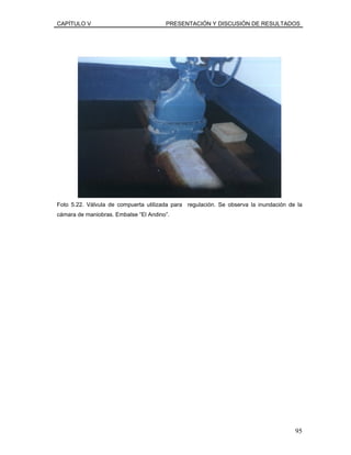 CAPÍTULO V PRESENTACIÓN Y DISCUSIÓN DE RESULTADOS
Foto 5.22. Válvula de compuerta utilizada para regulación. Se observa la inundación de la
cámara de maniobras. Embalse “El Andino”.
95
 