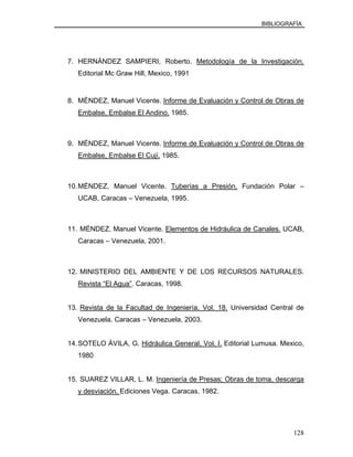 BIBLIOGRAFÍA
7. HERNÁNDEZ SAMPIERI, Roberto. Metodología de la Investigación.
Editorial Mc Graw Hill, Mexico, 1991
8. MÉNDEZ, Manuel Vicente. Informe de Evaluación y Control de Obras de
Embalse, Embalse El Andino. 1985.
9. MÉNDEZ, Manuel Vicente. Informe de Evaluación y Control de Obras de
Embalse, Embalse El Cují. 1985.
10.MÉNDEZ, Manuel Vicente. Tuberías a Presión. Fundación Polar –
UCAB, Caracas – Venezuela, 1995.
11. MÉNDEZ, Manuel Vicente. Elementos de Hidráulica de Canales. UCAB,
Caracas – Venezuela, 2001.
12. MINISTERIO DEL AMBIENTE Y DE LOS RECURSOS NATURALES.
Revista “El Agua”. Caracas, 1998.
13. Revista de la Facultad de Ingeniería. Vol. 18. Universidad Central de
Venezuela. Caracas – Venezuela, 2003.
14.SOTELO ÁVILA, G. Hidráulica General, Vol. I. Editorial Lumusa. Mexico,
1980
15. SUAREZ VILLAR, L. M. Ingeniería de Presas; Obras de toma, descarga
y desviación. Ediciones Vega. Caracas, 1982.
128
 