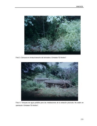 ANEXOS
Foto 3. Cárcava en el talud derecho del aliviadero. Embalse “El Andino”.
Foto 4. Tanques de agua potable para las instalaciones de la estación piscícola. No están en
operación. Embalse “El Andino”.
131
 
