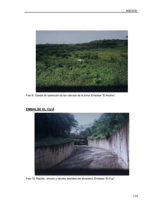 ANEXOS
Foto 9. Caseta de operación de las válvulas de la toma. Embalse “El Andino”.
EMBALSE EL CUJÍ
Foto 10. Rápido, cimacio y taludes laterales del aliviadero. Embalse “El Cují”.
134
 