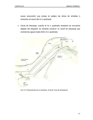 CAPÍTULO II MARCO TEÓRICO
cause socavación que ponga en peligro las obras de embalse o
erosionen el cauce del río o quebrada.
• Canal de descarga: cuando el río o quebrada receptora se encuentra
alejada del disipador se necesita construir un canal de descarga que
conecte las aguas hasta dicho río o quebrada.
Fig. 2.2. Componentes de un aliviadero. (Fuente: Guía de Aliviaderos)
13
 