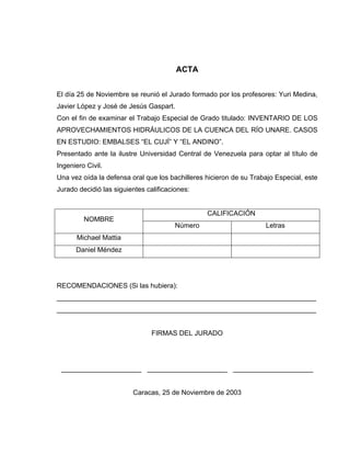 ACTA
El día 25 de Noviembre se reunió el Jurado formado por los profesores: Yuri Medina,
Javier López y José de Jesús Gaspart.
Con el fin de examinar el Trabajo Especial de Grado titulado: INVENTARIO DE LOS
APROVECHAMIENTOS HIDRÁULICOS DE LA CUENCA DEL RÍO UNARE. CASOS
EN ESTUDIO: EMBALSES “EL CUJÍ” Y “EL ANDINO”.
Presentado ante la ilustre Universidad Central de Venezuela para optar al título de
Ingeniero Civil.
Una vez oída la defensa oral que los bachilleres hicieron de su Trabajo Especial, este
Jurado decidió las siguientes calificaciones:
CALIFICACIÓN
NOMBRE
Número Letras
Michael Mattia
Daniel Méndez
RECOMENDACIONES (Si las hubiera):
____________________________________________________________________
____________________________________________________________________
FIRMAS DEL JURADO
_____________________ _____________________ _____________________
Caracas, 25 de Noviembre de 2003
 