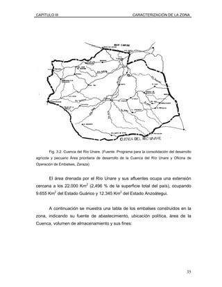 CAPÍTULO III CARACTERIZACIÓN DE LA ZONA
Fig. 3.2. Cuenca del Río Unare. (Fuente: Programa para la consolidación del desarrollo
agrícola y pecuario Área prioritaria de desarrollo de la Cuenca del Río Unare y Oficina de
Operación de Embalses, Zaraza)
El área drenada por el Río Unare y sus afluentes ocupa una extensión
cercana a los 22.000 Km2
(2,496 % de la superficie total del país), ocupando
9.655 Km2
del Estado Guárico y 12.345 Km2
del Estado Anzoátegui.
A continuación se muestra una tabla de los embalses construidos en la
zona, indicando su fuente de abastecimiento, ubicación política, área de la
Cuenca, volumen de almacenamiento y sus fines:
35
 