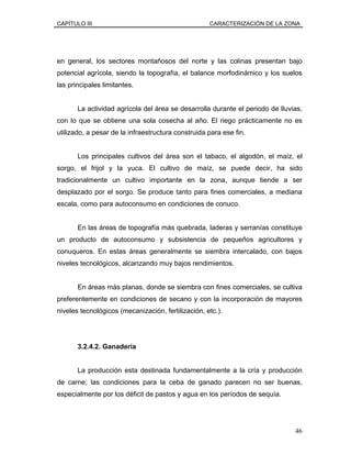 CAPÍTULO III CARACTERIZACIÓN DE LA ZONA
en general, los sectores montañosos del norte y las colinas presentan bajo
potencial agrícola, siendo la topografía, el balance morfodinámico y los suelos
las principales limitantes.
La actividad agrícola del área se desarrolla durante el periodo de lluvias,
con lo que se obtiene una sola cosecha al año. El riego prácticamente no es
utilizado, a pesar de la infraestructura construida para ese fin.
Los principales cultivos del área son el tabaco, el algodón, el maíz, el
sorgo, el frijol y la yuca. El cultivo de maíz, se puede decir, ha sido
tradicionalmente un cultivo importante en la zona, aunque tiende a ser
desplazado por el sorgo. Se produce tanto para fines comerciales, a mediana
escala, como para autoconsumo en condiciones de conuco.
En las áreas de topografía más quebrada, laderas y serranías constituye
un producto de autoconsumo y subsistencia de pequeños agricultores y
conuqueros. En estas áreas generalmente se siembra intercalado, con bajos
niveles tecnológicos, alcanzando muy bajos rendimientos.
En áreas más planas, donde se siembra con fines comerciales, se cultiva
preferentemente en condiciones de secano y con la incorporación de mayores
niveles tecnológicos (mecanización, fertilización, etc.).
3.2.4.2. Ganadería
La producción esta destinada fundamentalmente a la cría y producción
de carne; las condiciones para la ceba de ganado parecen no ser buenas,
especialmente por los déficit de pastos y agua en los períodos de sequía.
46
 
